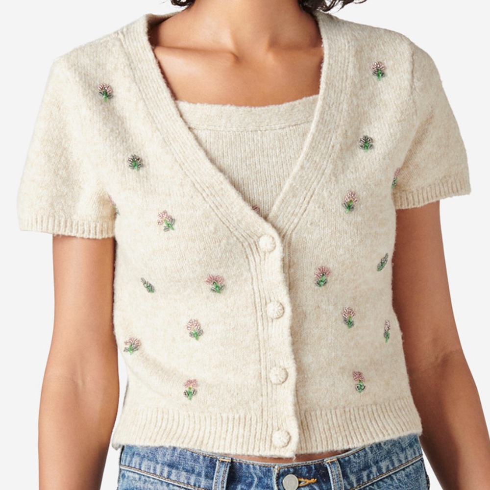Lucky Brand Embellished Floral Flower Beads Beaded Button Front Cardigan Large